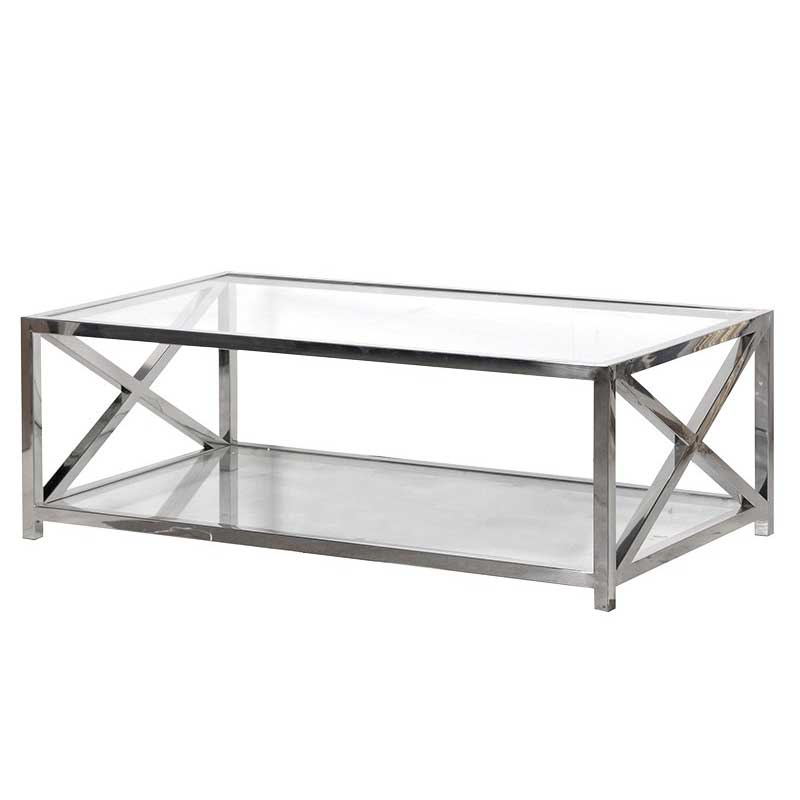 Brooklyn Glass Steel Coffee Table, Stainless Steel Glass Side Table