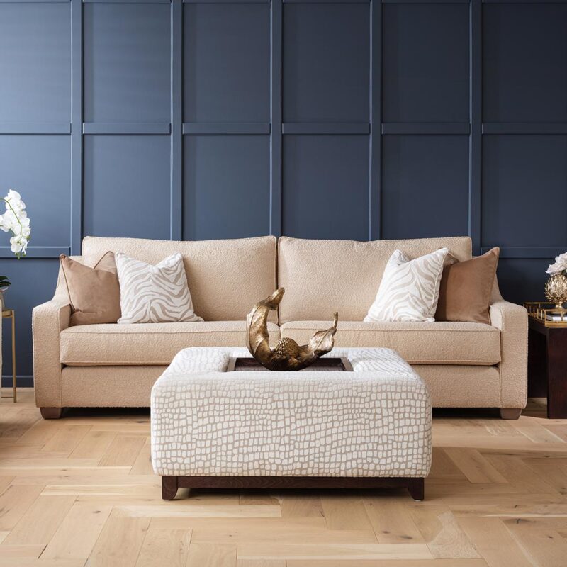Hadley sofa with ski arm design upholstered in a neutral fabric